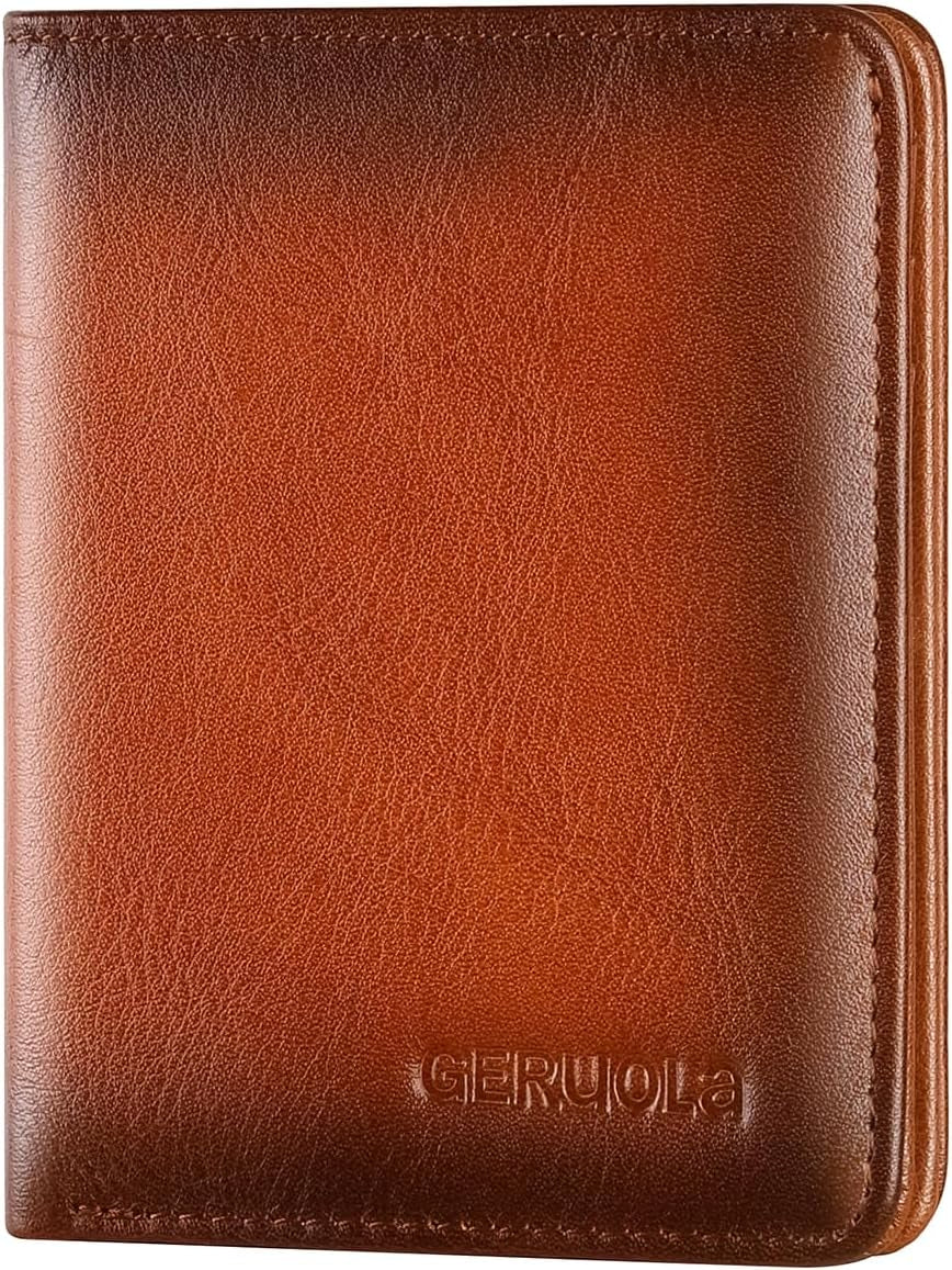 Bifold Slim Men Wallet Genuine Leather Thin, Small Vertical RFID Blocking Wallets for Men ,Compact & Stylish with Clear ID Windows (Brown)