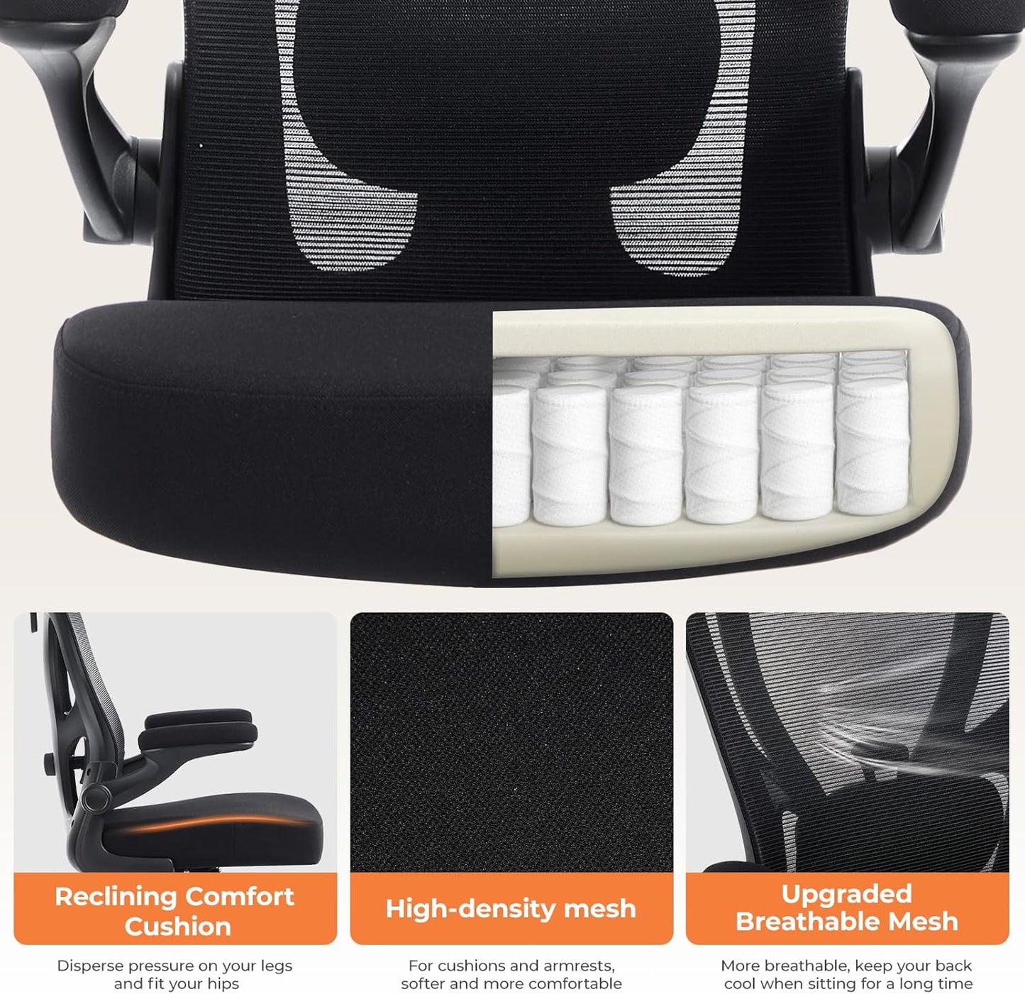 Office Chair Ergonomic Office Chair with Lumbar Support, Head Support, Rocking Function, Filp-Up Armrests, Mesh High Back Chair Home Office Desk Chair, Suitable for Home, Office, Black