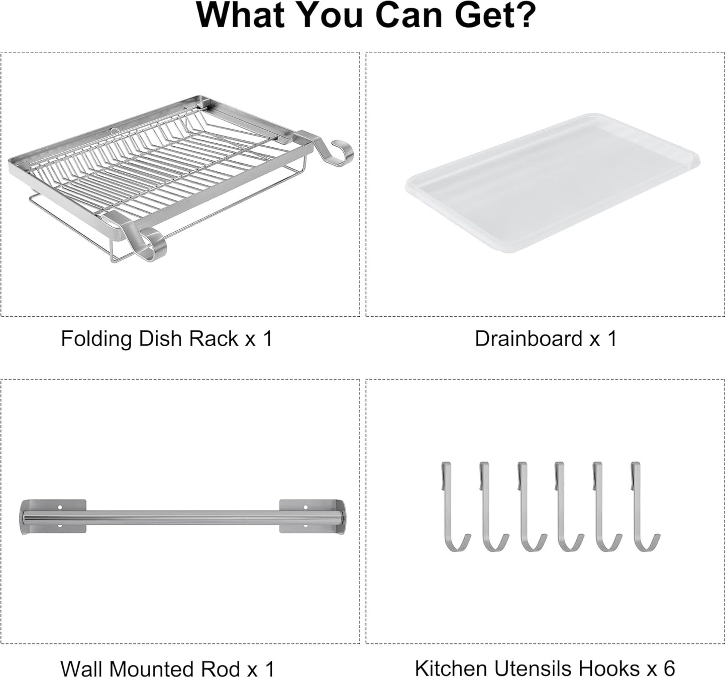 over Sink Dish Drainer Drying Rack, Stainless Steel Foldable Wall Mounted Dish Racks with Drainboard Hanging Rod and Sponge Holder, Silver