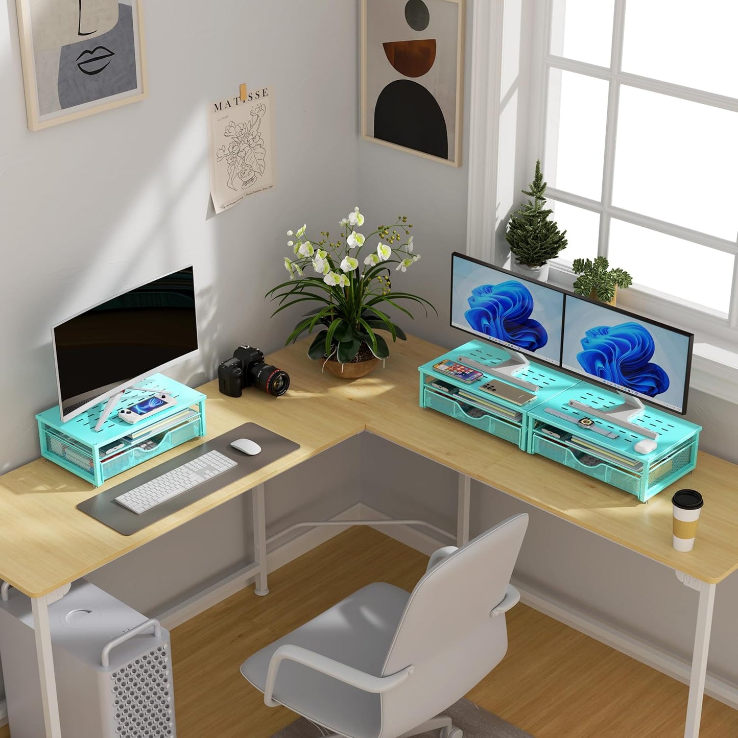 Computer Monitor Stand Riser, Office Organizer with Drawer, Office Organizers Storage for Classroom Office Supplies (Blue)