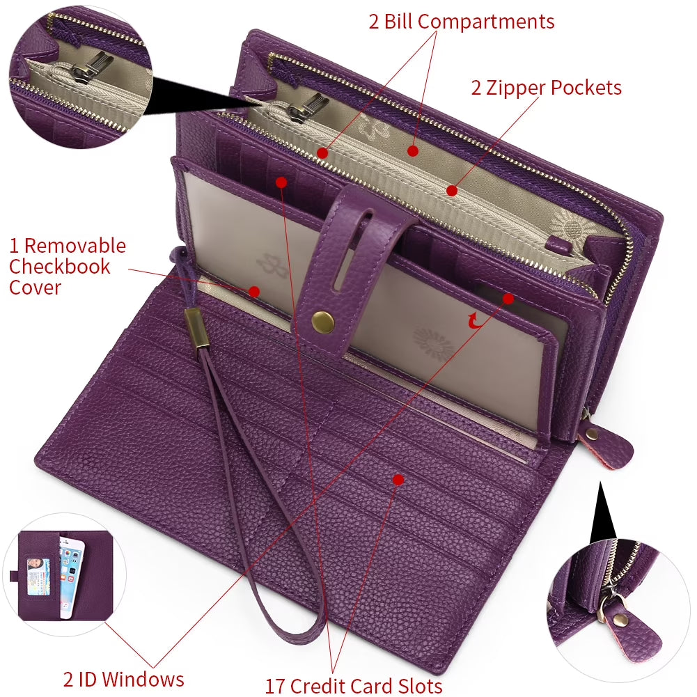 Women Wristlet Wallets Large Capacity RFID Blocking Leather Wallets Credit Cards Organizer with Checkbook Holder
