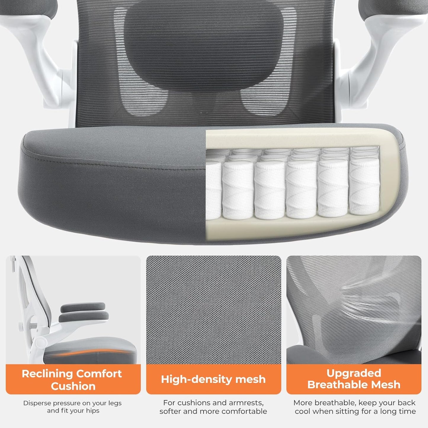 Office Chair Ergonomic Office Chair with Lumbar Support, Head Support, Rocking Function, Filp-Up Armrests, Mesh High Back Chair Home Office Desk Chair, Suitable for Home, Office, Grey