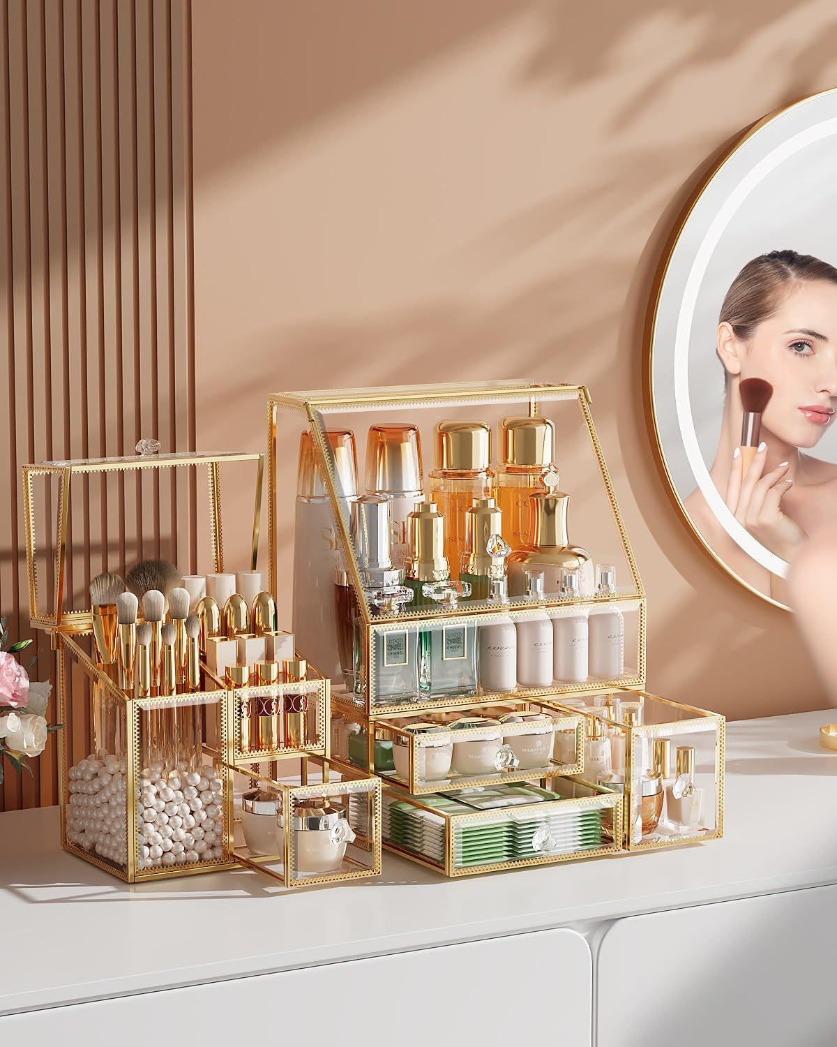 Clear Makeup Organizer Countertop with Gold Frame for Vanity Skincare + Tempered Glass Disposable Face Towel Holder with 3 Drawers for Bathroom Storage