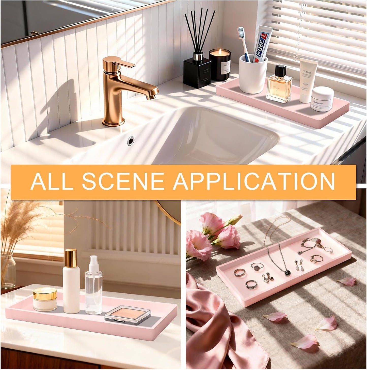 Bathroom Vanity Tray, Silicone 11.8 X 5 Inch Bathroom Counter Tray Decor, Extra-Large Bathroom Trays Holders and Organizers for Toilet Top, Dresser, Waterproof Decorative Tray, Pink