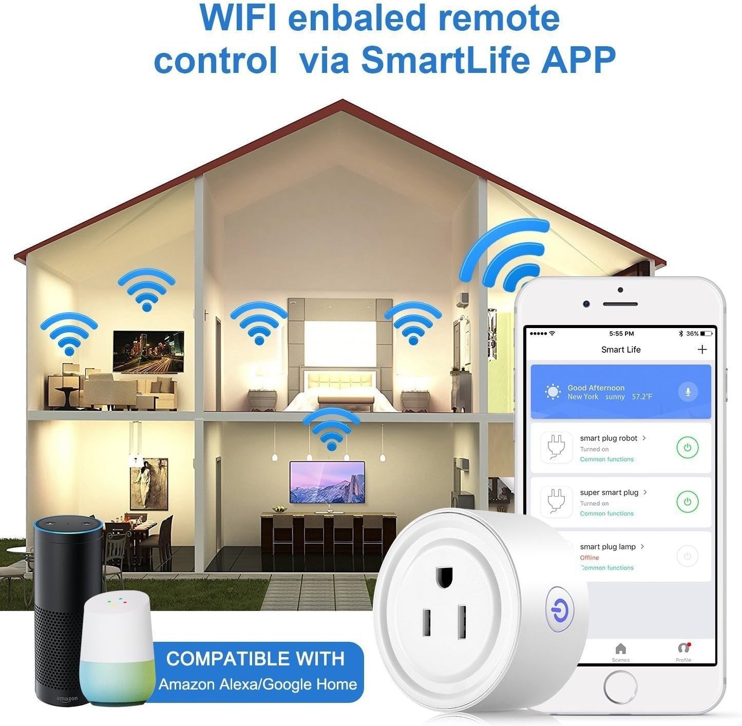 Smart Plug 2 Pack Wi-Fi Enabled Mini Smart Socket Compatible with Amazon Alexa Google Home, Remote Control Outlet with Timing Function