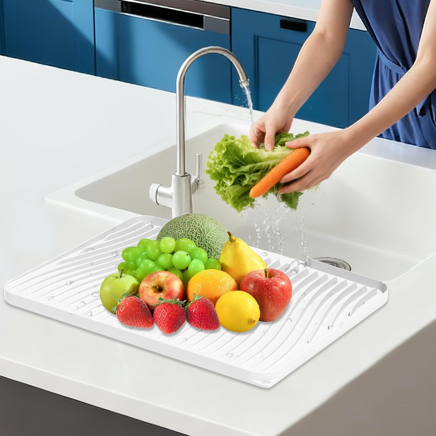 Silicone Dish Drying Mat for Kitchen Counter,Dish Drying Pad,Non-Slip Drain Pad with Built-In Drain,Heat Resistant Stone Drying Mat,15.8"X 13",Ivory