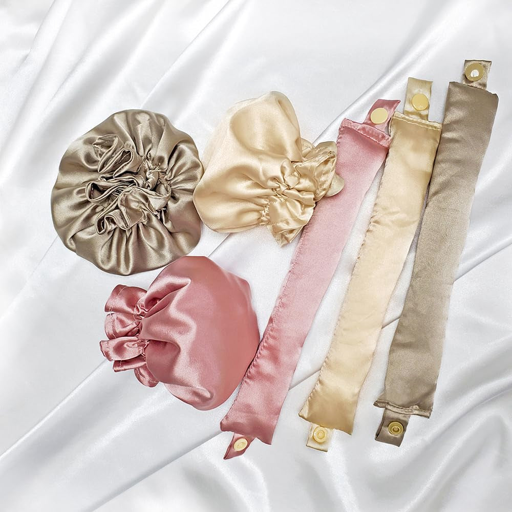 3Sets/6Pcs New Satin Heatless Hair Curler,Hair Rollers for Heatless Curls with Hair Caps,Soft Heatless Curling Rod Headband for All Hair T,No Heat Curling to Sleep in Overnight (4-Olive Green)