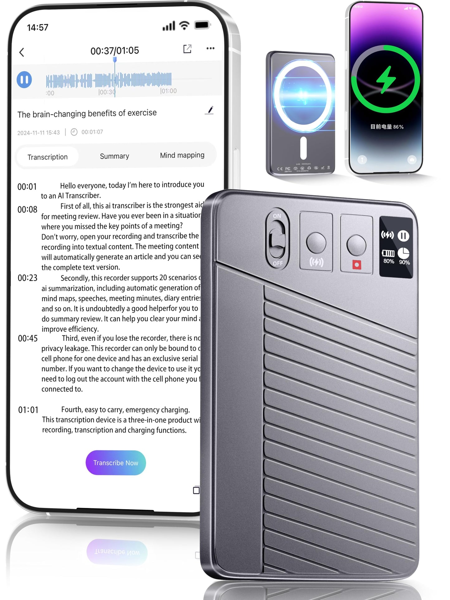 AI Voice Recorder - RecordTranscribeCharge 3 in 1Support 107 LanguagesAvoid Missing Meeting Highlights64 GBChatGPT Driven AI SummarizationApp ControlMind MappingBluetooth Distance 50ft
