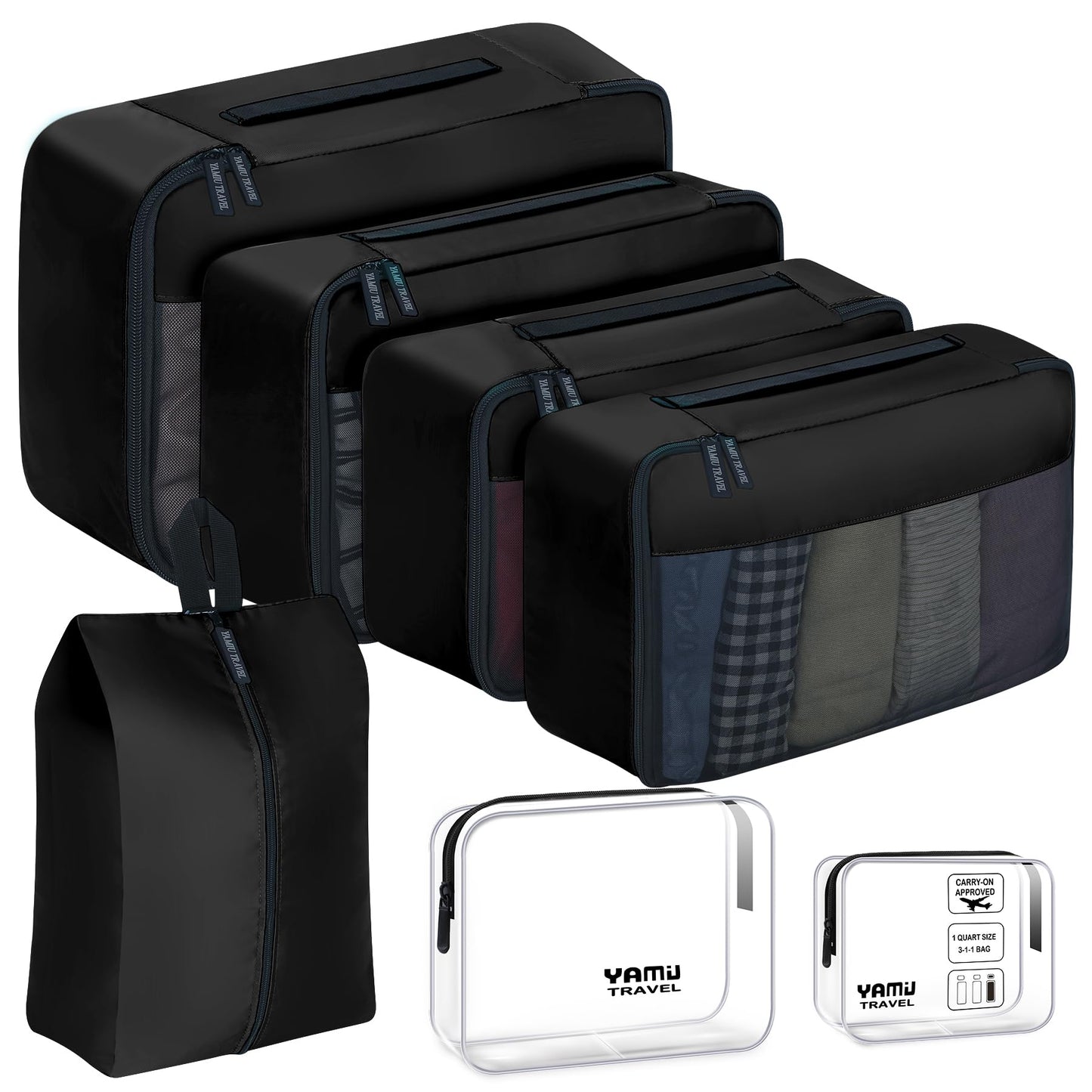 YAMIU Packing Cubes for Suitcases 7 Pcs luggage organizer bags with Shoe Bag 2 Waterproof Travel Toiletry Bags Travel Cubes for Travel Essentials Travel Accessories