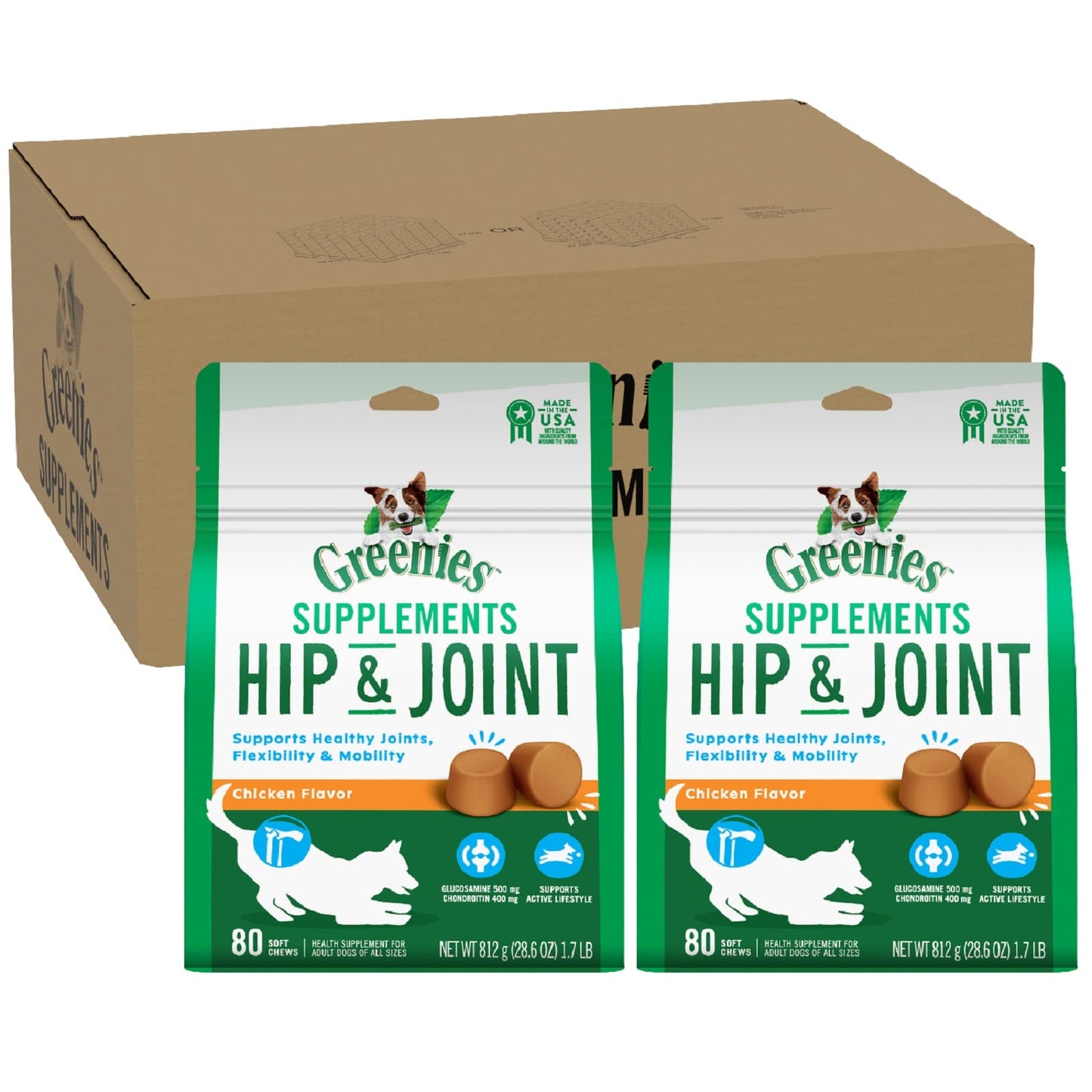 GREENIES Supplements Hip & Joint Supplements for Dogs With Glucosamine and Chondroitin 160 Count Chicken-Flavor Soft Chews Dog Joint Supplements