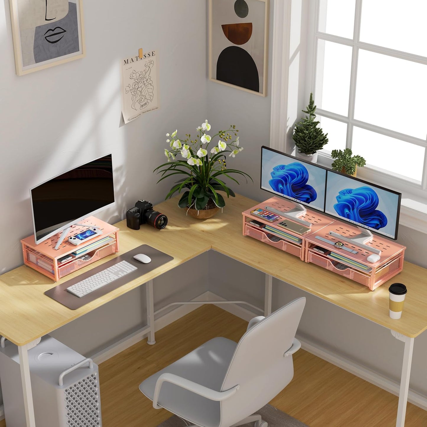 Computer Monitor Stand Riser, Office Organizer with Drawer, Office Organizers Storage for Classroom Office Supplies (Rose)