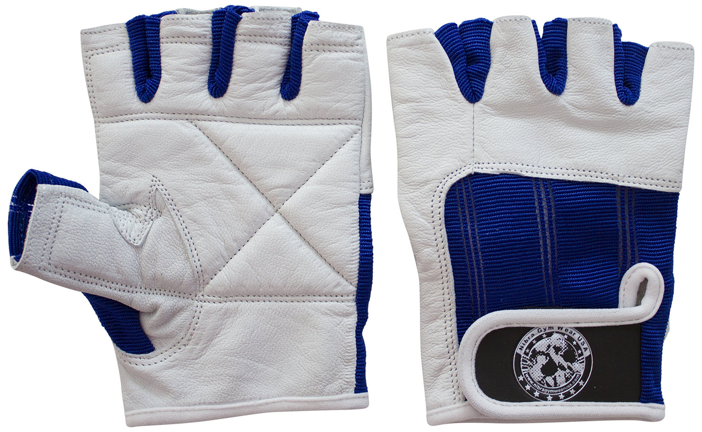 Nibra Gym Wear USA Gym Gloves White/Blue with Wrist Closure for Man & Women Padded Workout Crossfit WeightliftingBiking. (Small)