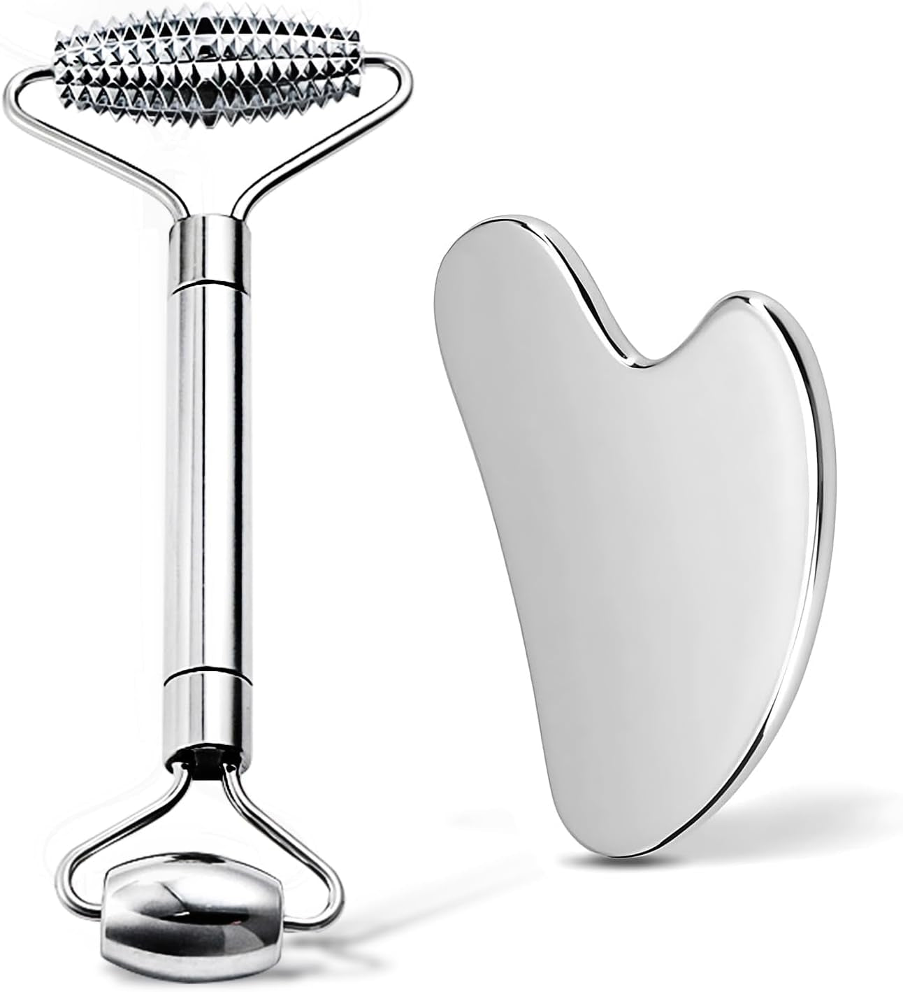 Gua Sha & Face Roller, Stainless Steel Gua Sha Facial Tools for Face, Eyes, Chin & Jawline Sculpting, Body Gua Sha Tools with Pouch