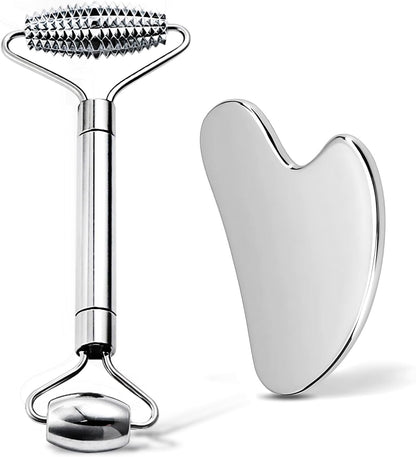 Gua Sha & Face Roller, Stainless Steel Gua Sha Facial Tools for Face, Eyes, Chin & Jawline Sculpting, Body Gua Sha Tools with Pouch