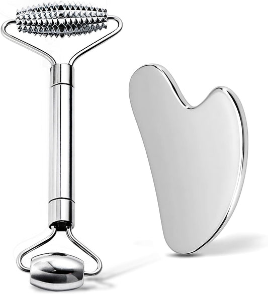 Gua Sha & Face Roller, Stainless Steel Gua Sha Facial Tools for Face, Eyes, Chin & Jawline Sculpting, Body Gua Sha Tools with Pouch