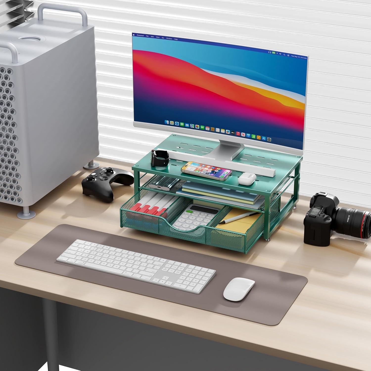 Computer Monitor Stand Riser, Office Organizer with Drawer, Office Organizers Storage for Classroom Office Supplies (Dark Green)