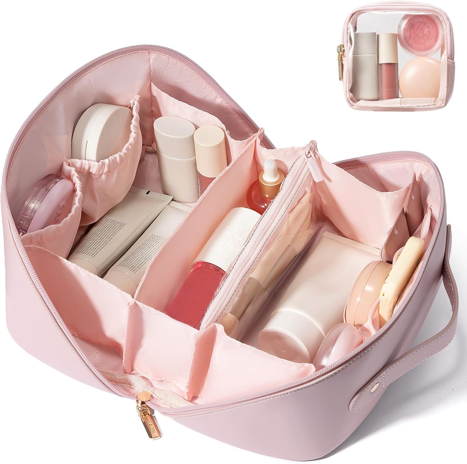 Travel Makeup Bag for Women, 2Pcs Large Capacity Cosmetic Organizer Bag, Waterproof PU Leather, Flat Open Portable Small Toiletry Pouch for Skincare, Brushes & Travel Essentials
