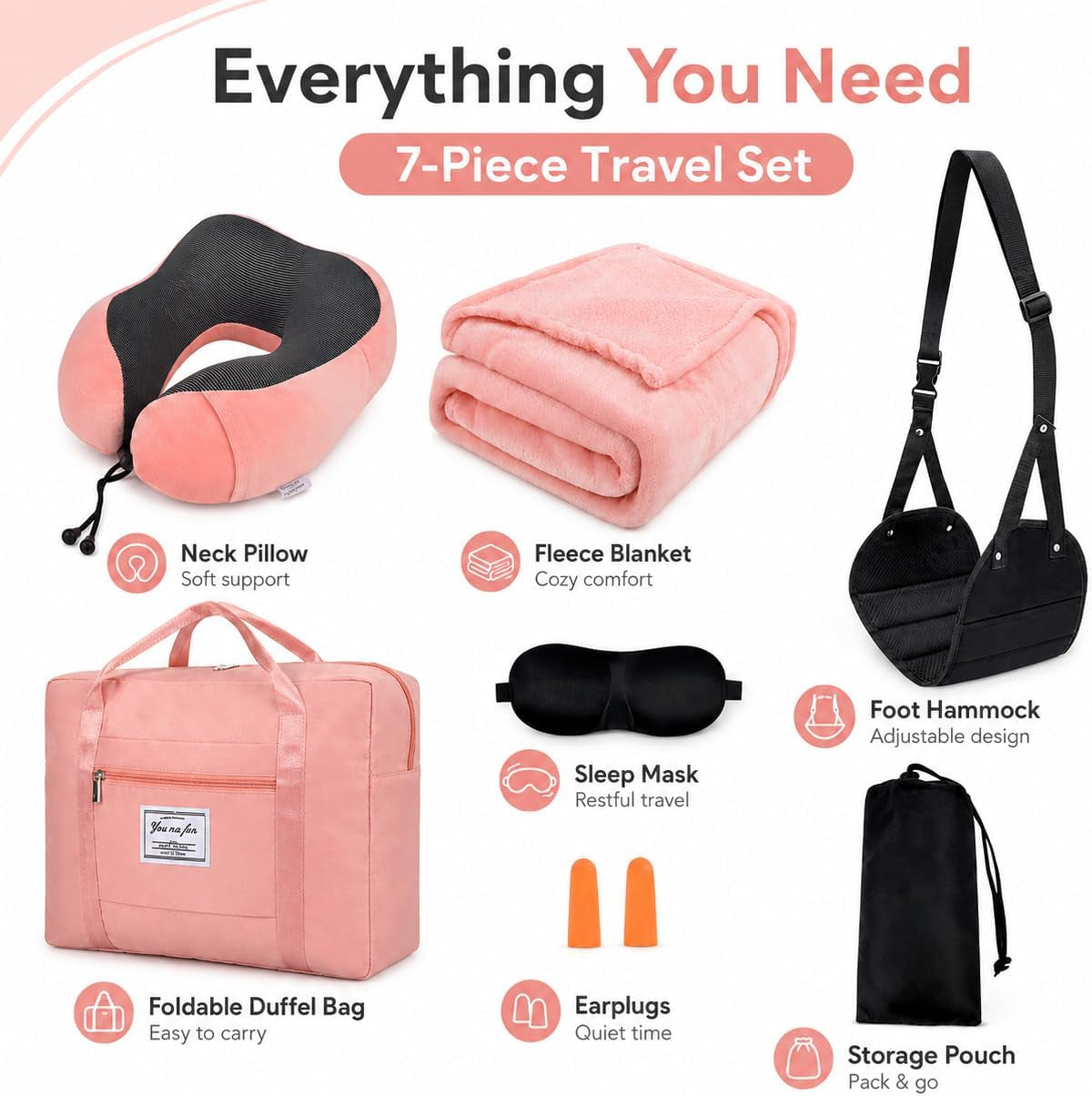 Travel Pillow and Blanket Set & Foot Rest, Memory Foam Neck Pillow Airplane Blanket & Airplane Foot Hammock & Foldable Duffel Bag, Eye Mask & Earplugs, Portable Travel Accessories Essentials, Pink