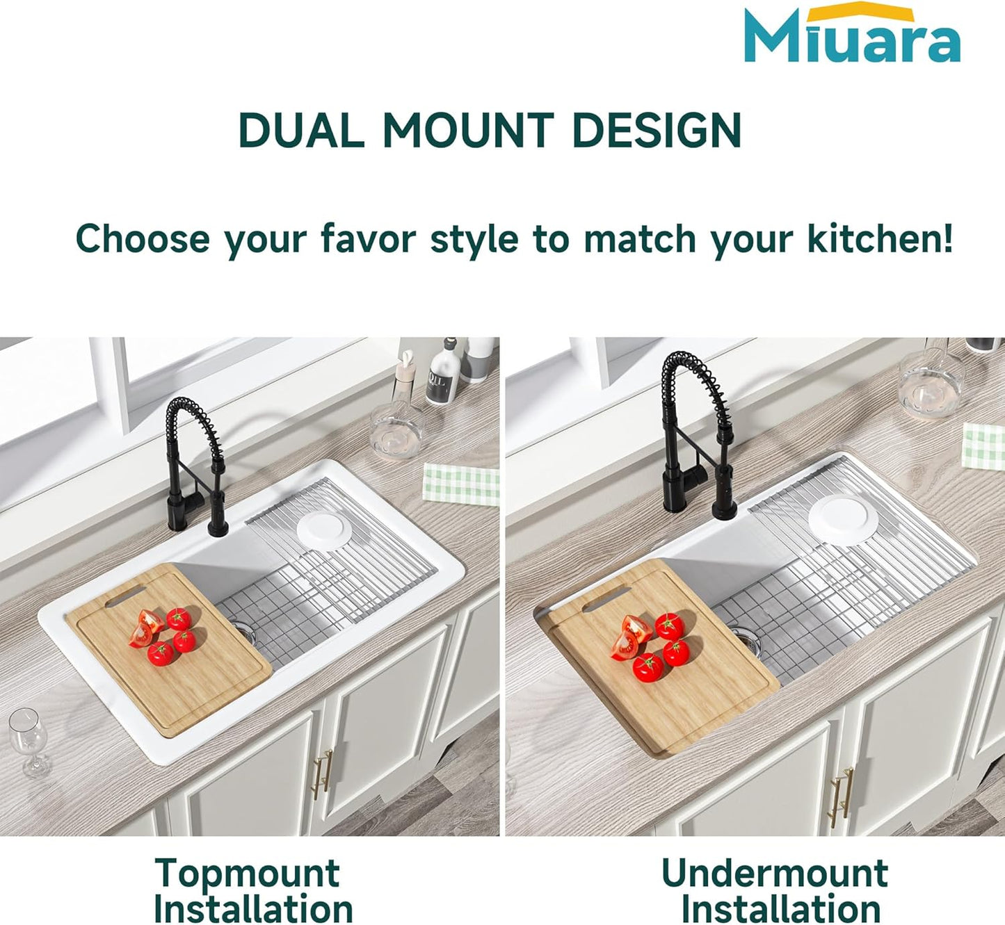 White Undermount or Drop in Workstation Kitchen Sink 33 X 19 Inch | for Kitchen, Fireclay Large Single Bowl, Dual Mount: under or Top Mount, Resistant to Stain, Heat, Chipping & Scratchs