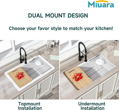 White Undermount or Drop in Workstation Kitchen Sink 33 X 19 Inch | for Kitchen, Fireclay Large Single Bowl, Dual Mount: under or Top Mount, Resistant to Stain, Heat, Chipping & Scratchs