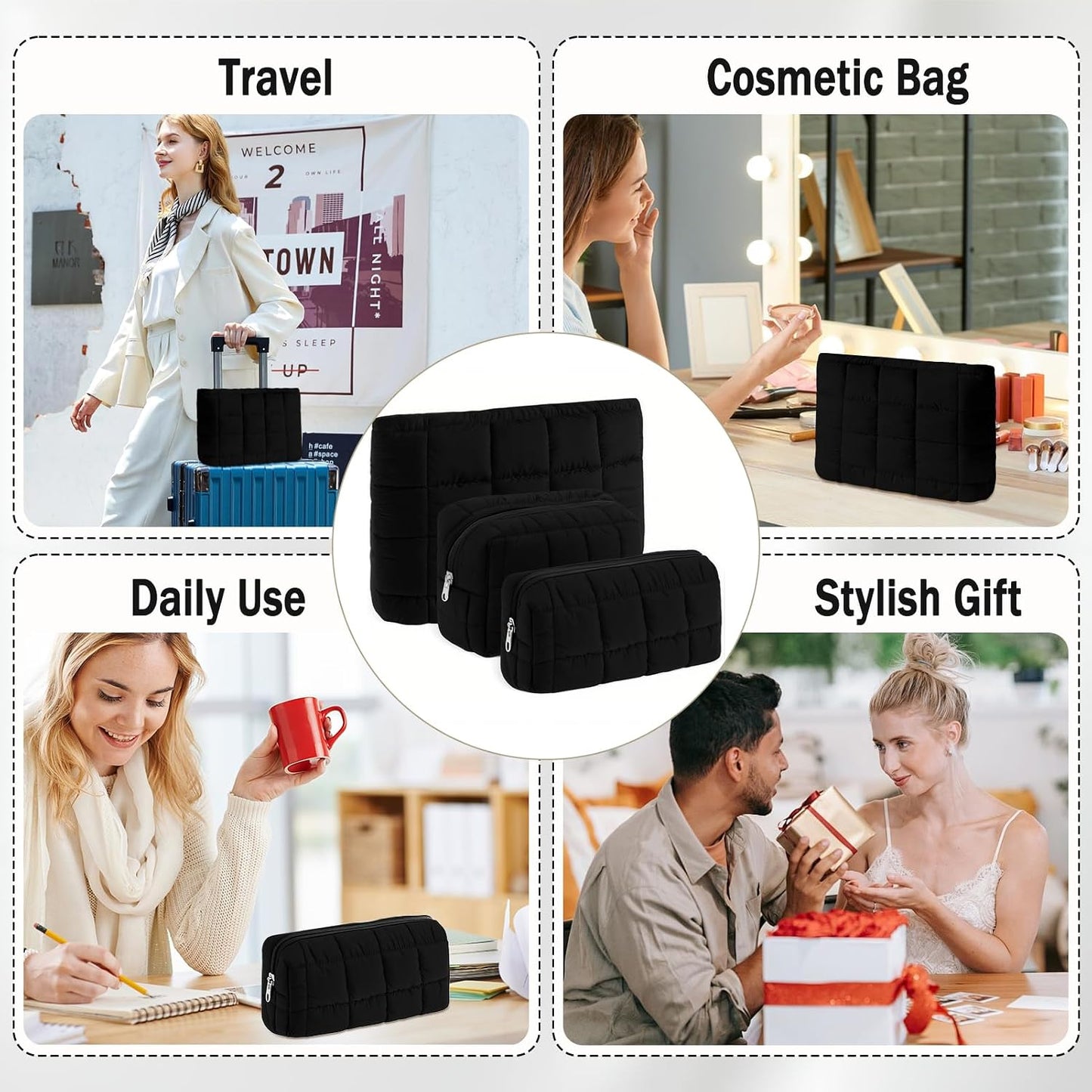 3Pcs Quilted Makeup Bag for Women Puffy Cosmetic Bags Cute Checkered Travel Toiletry Bag Puffer Makeup Pouch for Purse Pencil Case Zipper Puffer Skincare Brushes Storage Organizer(Black)