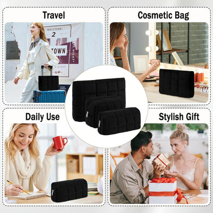 3Pcs Quilted Makeup Bag for Women Puffy Cosmetic Bags Cute Checkered Travel Toiletry Bag Puffer Makeup Pouch for Purse Pencil Case Zipper Puffer Skincare Brushes Storage Organizer(Black)