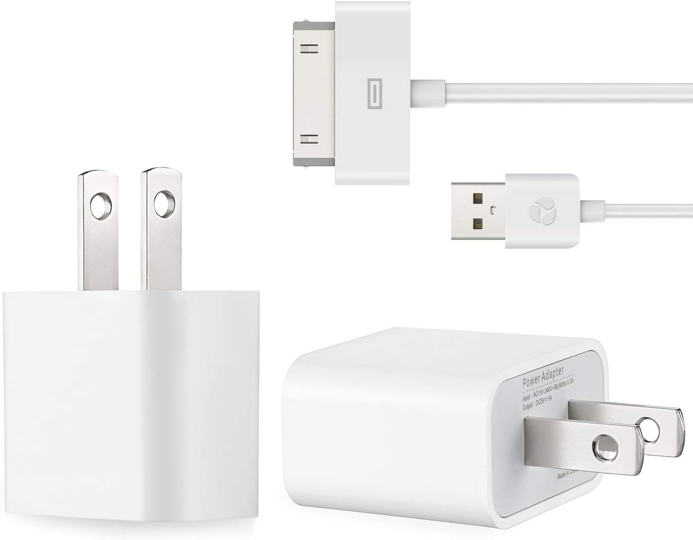 Certified 6 Feet 30 Pin USB Charging Cable with 5W USB Power Adapter for Iphone 4/4S, Iphone 3G/3GS, Ipad 1/2/3, Ipod Touch 1/2/3/4 (2 Pack)