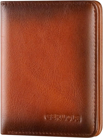 Bifold Slim Men Wallet Genuine Leather Thin, Small Vertical RFID Blocking Wallets for Men ，Compact & Stylish with Clear ID Windows (Brown)