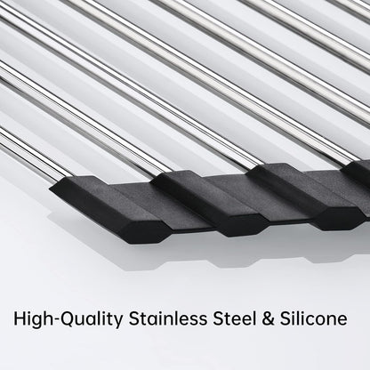 Foldable Stainless Steel Triangle Roll-Up Dish Drying Rack for Small Sink Corners - Over-The-Sink Multipurpose Kitchen Drainer, Rustproof Organizer, Trivet and Shelf - Space-Saving (Black)