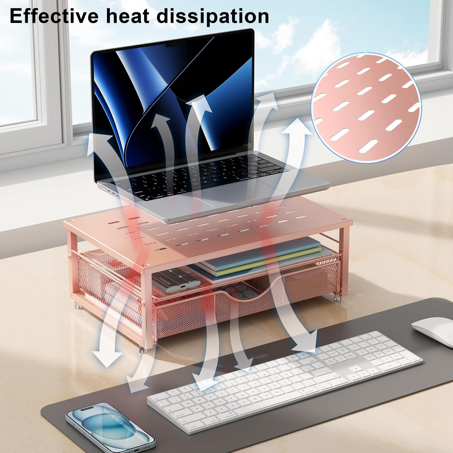 Computer Monitor Stand Riser, Office Organizer with Drawer, Office Organizers Storage for Classroom Office Supplies (Rose)