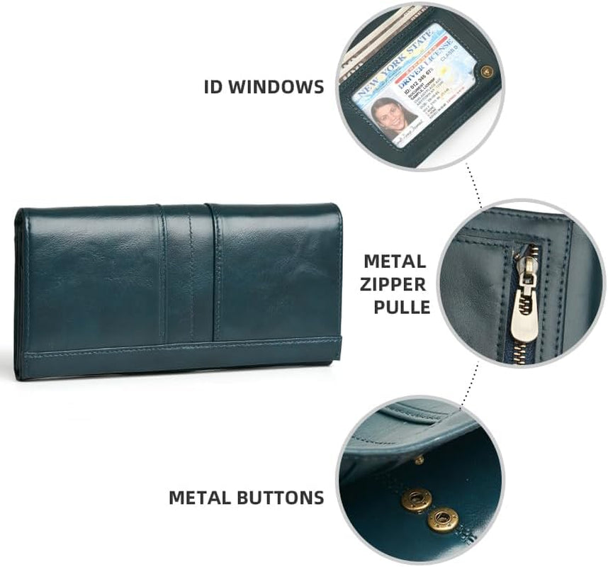 RFID Blocking Wallets for Women Leather Long Ladies Wallet Bifold Womens Wallet with Coin Pocket ID Window,Blue