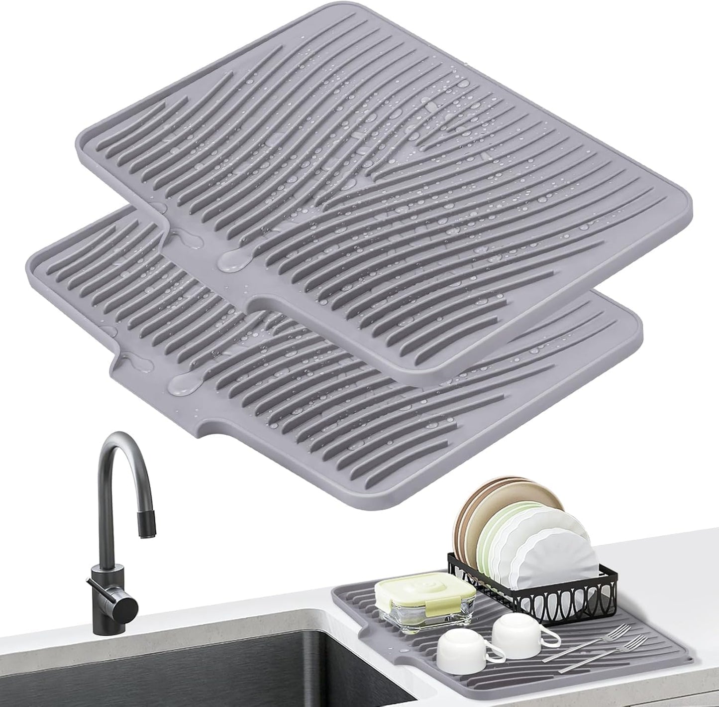 Silicone Dish Drying Mat for Kitchen Counter,Dish Drying Pad,Non-Slip Drain Pad with Built-In Drain,Heat Resistant Stone Drying Mat,15.8"X 13",Gray,2Pcs