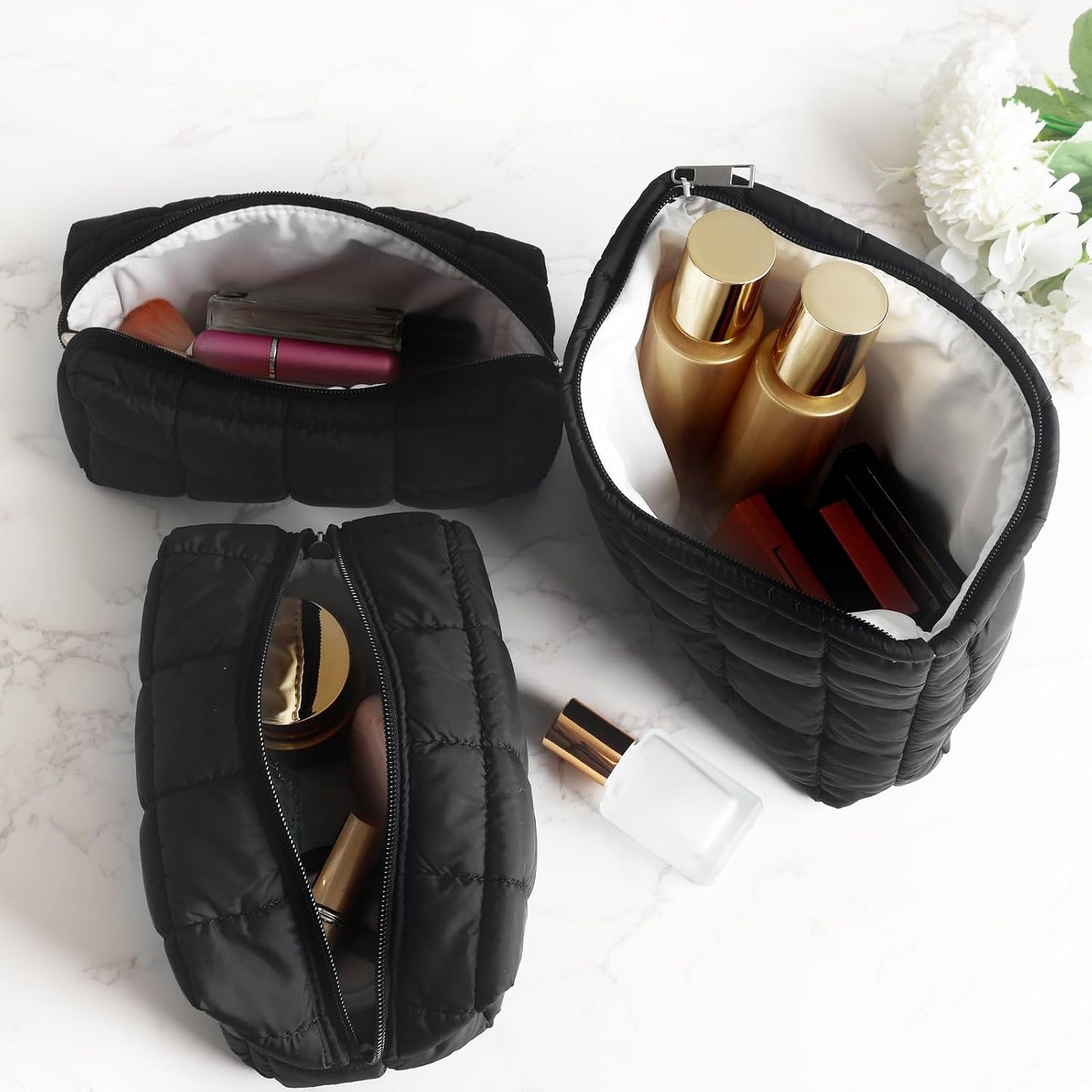 3Pcs Quilted Makeup Bag for Women Puffy Cosmetic Bags Cute Checkered Travel Toiletry Bag Puffer Makeup Pouch for Purse Pencil Case Zipper Puffer Skincare Brushes Storage Organizer(Black)