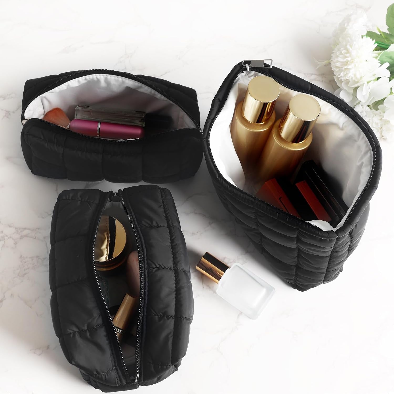 3Pcs Quilted Makeup Bag for Women Puffy Cosmetic Bags Cute Checkered Travel Toiletry Bag Puffer Makeup Pouch for Purse Pencil Case Zipper Puffer Skincare Brushes Storage Organizer(Black)