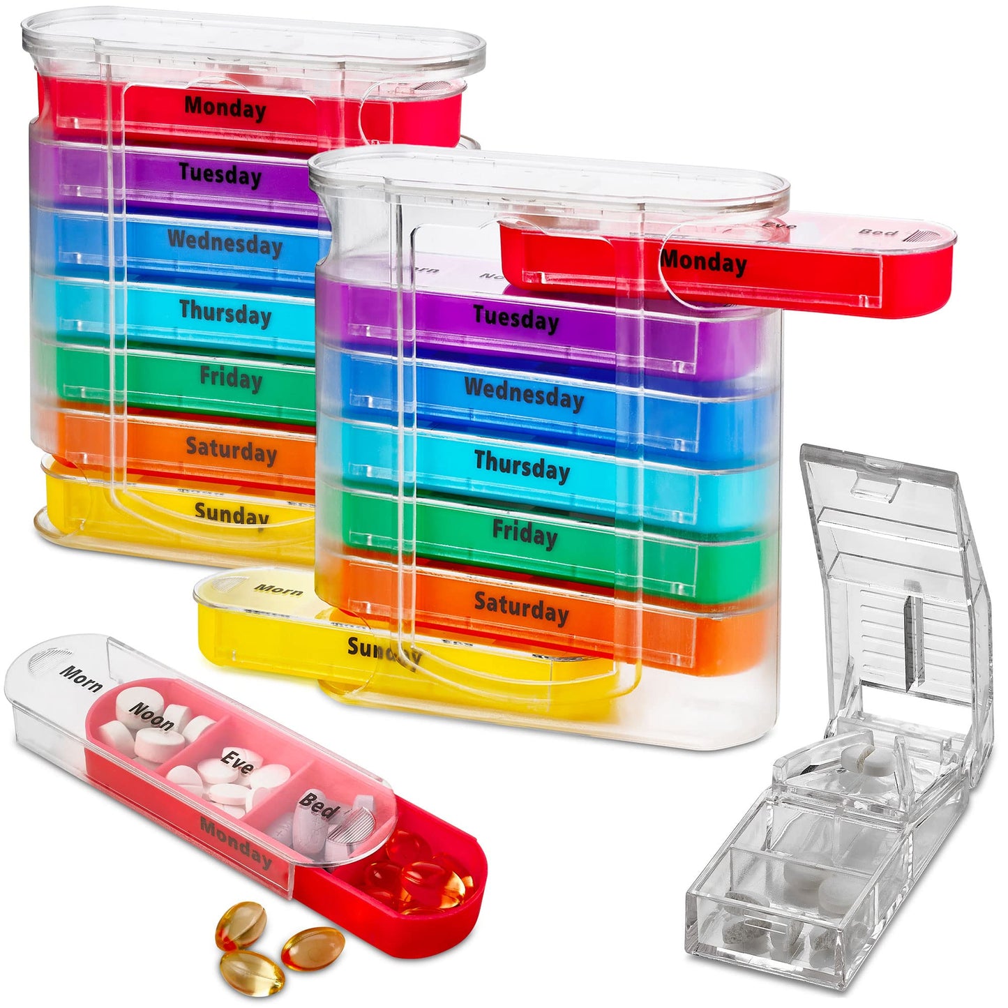 Weekly Pill Organizers with Pill Cutter - V-Grip Pill Splitter (Pack of 2) Stackable Pill Medicine Vitamin Organizer with 4 Times-a-Day Daily Compartments 2 Dispensers with Stackable AM/PM Boxes
