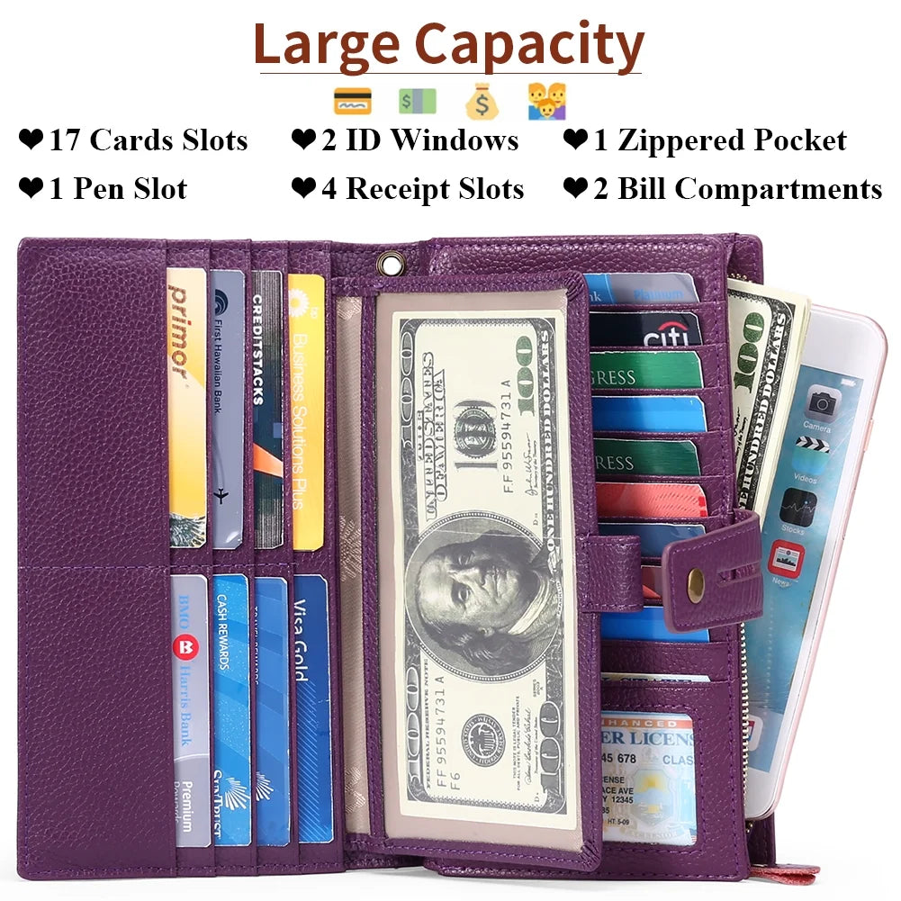 Women Wristlet Wallets Large Capacity RFID Blocking Leather Wallets Credit Cards Organizer with Checkbook Holder
