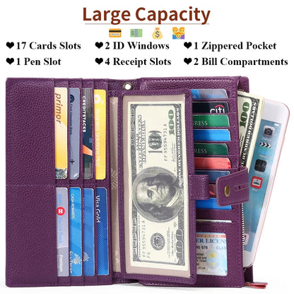 Women Wristlet Wallets Large Capacity RFID Blocking Leather Wallets Credit Cards Organizer with Checkbook Holder