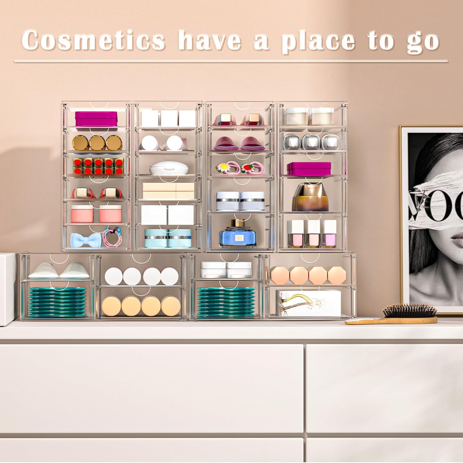 30 Drawers, Acrylic Desk Makeup Organizer, Plastic Drawers Organizer, Stackable Storage Solution for Makeup, Dresser, Office, Bathroom Clear Plastic Craft and Bead Storage Cabinet
