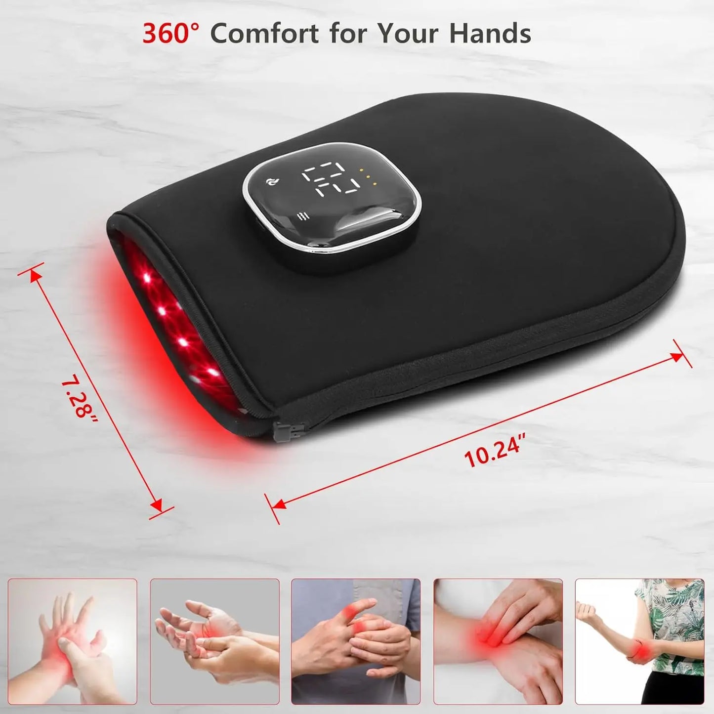 Rechargeable LED near Infrared Light Therapy Glove，Red Light Therapy for Hand Pain Relief with 660Nm Red & 850Nm Infrared Light