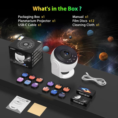 Galaxy Projector for Bedroom Pro Version, Upgraded Film Disc Star Projector for Kid 12 in 1 Planetarium Projector HD Image Adjustable Knob 360° Rotating 1/2H Timer Simple 4-Button Control