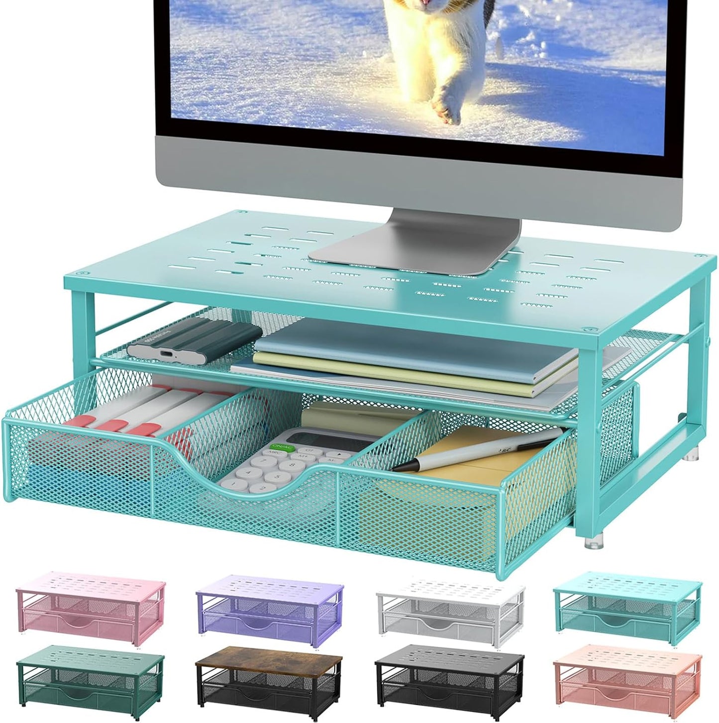 Computer Monitor Stand Riser, Office Organizer with Drawer, Office Organizers Storage for Classroom Office Supplies (Blue)