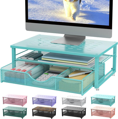 Computer Monitor Stand Riser, Office Organizer with Drawer, Office Organizers Storage for Classroom Office Supplies (Blue)