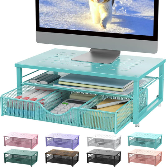 Computer Monitor Stand Riser, Office Organizer with Drawer, Office Organizers Storage for Classroom Office Supplies (Blue)