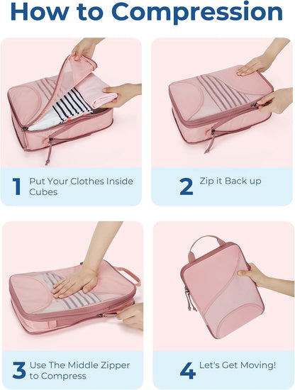 Compression Packing Cubes - 6 Set Travel Packing Cubes for Suitcases, Compression Suitcase Organizers with Shoe Bag