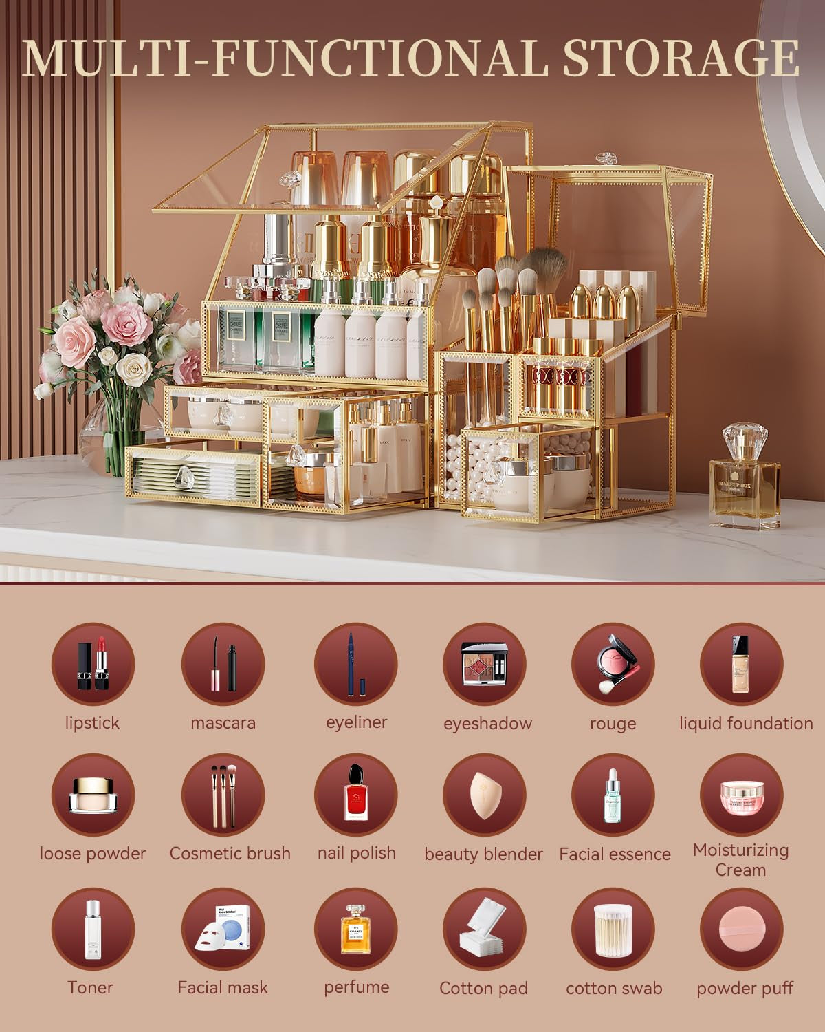 Clear Makeup Organizer Countertop with Gold Frame for Vanity Skincare + Tempered Glass Disposable Face Towel Holder with 3 Drawers for Bathroom Storage