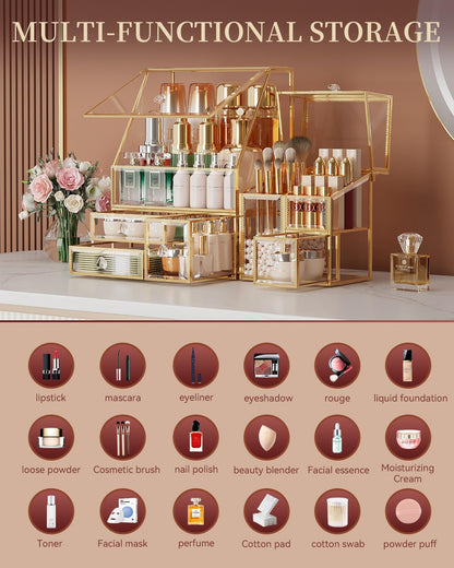 Clear Makeup Organizer Countertop with Gold Frame for Vanity Skincare + Tempered Glass Disposable Face Towel Holder with 3 Drawers for Bathroom Storage