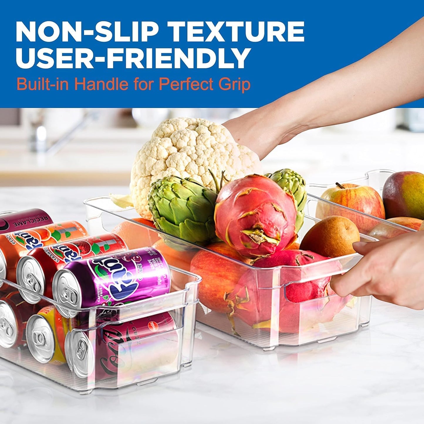 Refrigerator Organizer Bins 6-Piece - Plastic Storage Bins with Egg Holder - for Fridge, Freezer, Kitchen, Cabinet, Countertops, Pantry - Stackable Food & Drink Containers, 14.5"X7" - Clear