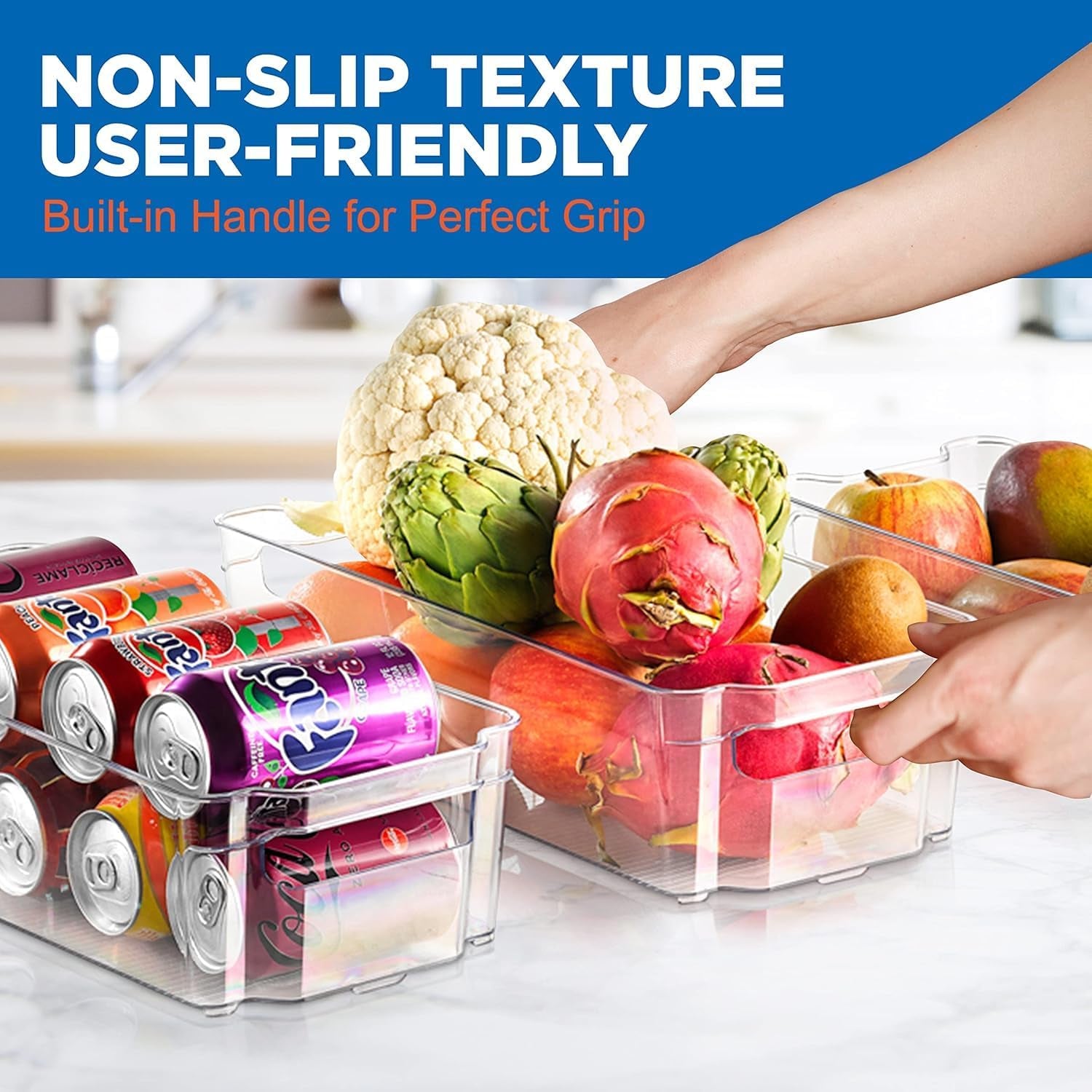 Refrigerator Organizer Bins 6-Piece - Plastic Storage Bins with Egg Holder - for Fridge, Freezer, Kitchen, Cabinet, Countertops, Pantry - Stackable Food & Drink Containers, 14.5"X7" - Clear