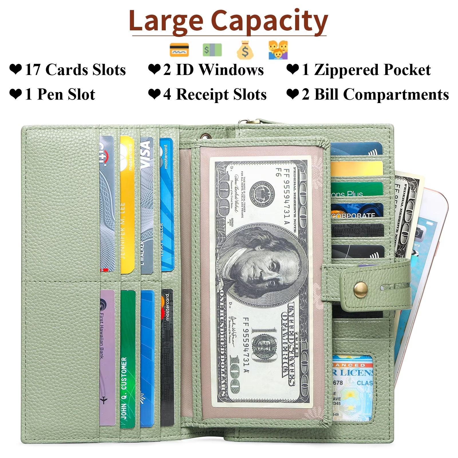 Women Wristlet Wallets Large Capacity RFID Blocking Leather Wallets Credit Cards Organizer with Checkbook Holder