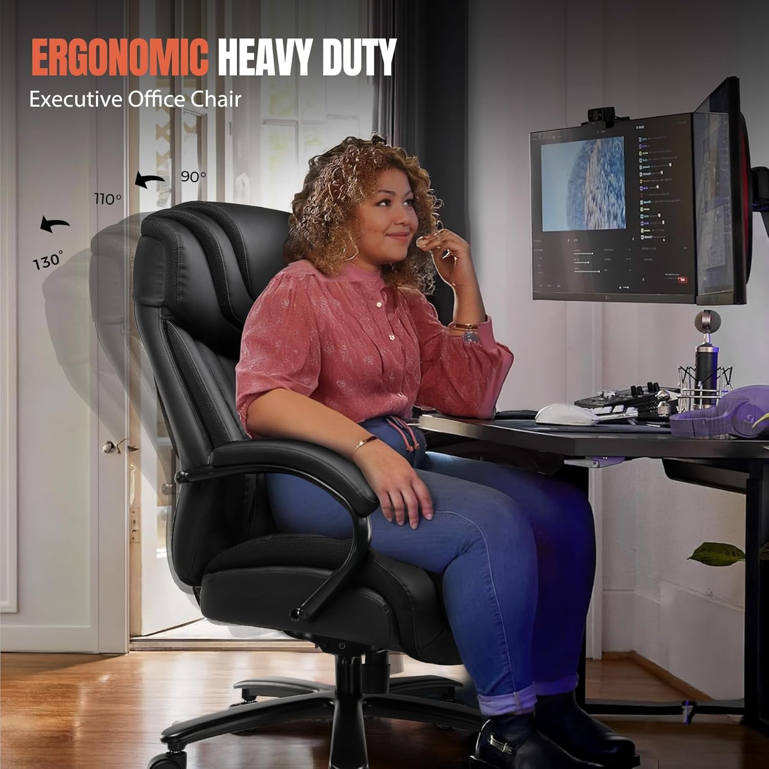 Big and Tall Office Chair 650Lbs Ergonomic Office Chair 6 Gear Adjustable Headrest Swivel Rocking Home Office Desk Chairs Leather High Back Executive Office Chairs with Thickened Armrests